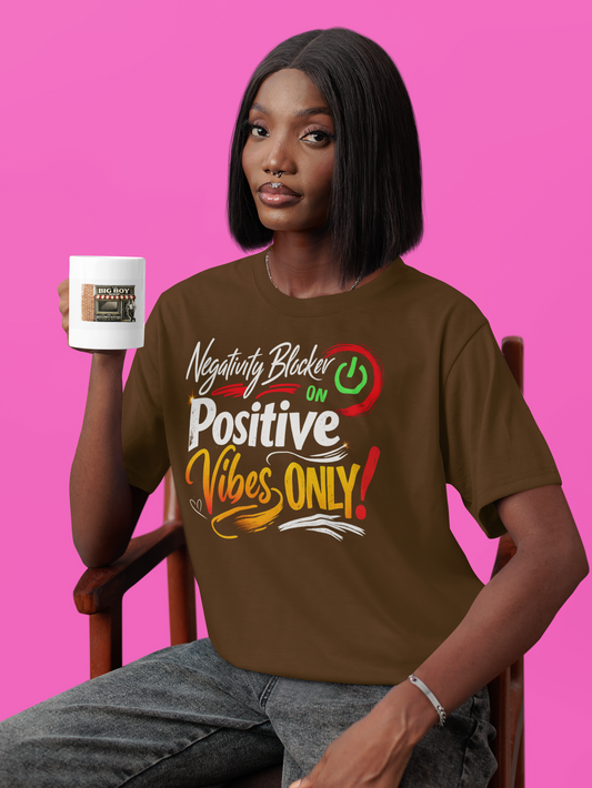Person wearing a brown t-shirt with a motivational quote, holding a mug against a pink background