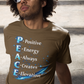 Man sitting on steps wearing a brown t-shirt with motivational text