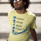 Person wearing a yellow t-shirt with a motivational design, sitting on steps.